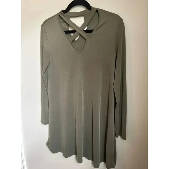 Altar'd State Sage Army Green Criss-Cross Neck Shift Swing Long Sleeve Dress - Picture 2 of 9